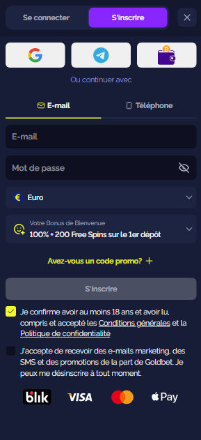 Formulaire d'inscription GoldBet avec champs e-mail, mot de passe, devise euro et offre de bienvenue affichée