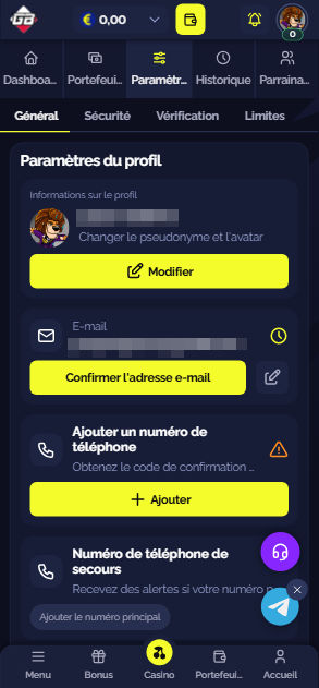 Paramètres généraux du profil avec e-mail masqué, bouton de confirmation et champ pour ajouter un téléphone