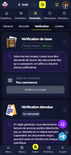 Section vérification affichant le statut Pas commencé et le bouton Vérifier le compte